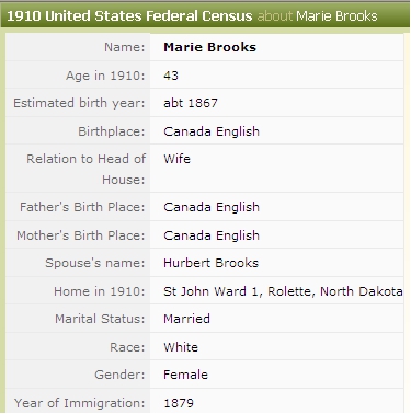 Image  of 1910 US Census Documenting Marie Brooks in  Brooks Household in St. John ND